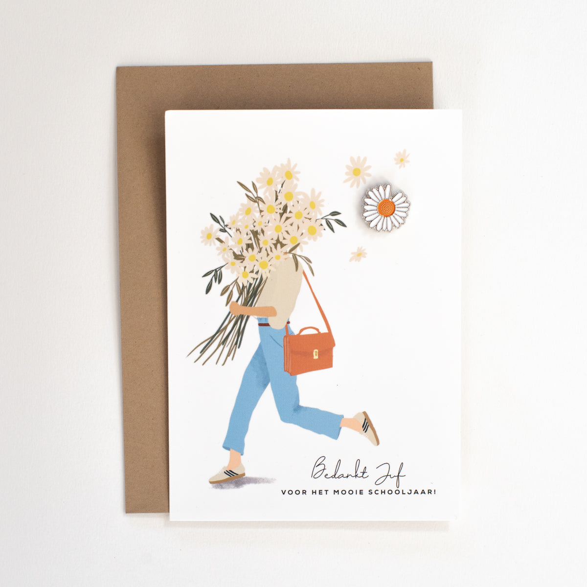 Pinkaart voor de juf – een stijlvolle kaart met pin als origineel bedankje. Perfect cadeau voor juffendag of einde schooljaar.