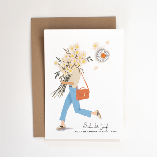 Pinkaart voor de juf – een stijlvolle kaart met pin als origineel bedankje. Perfect cadeau voor juffendag of einde schooljaar.